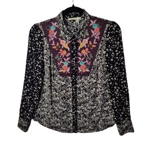 Anthropologie Floreat Floral Mix Embroidery Button Down Long Sleeve Top Size‎ 00